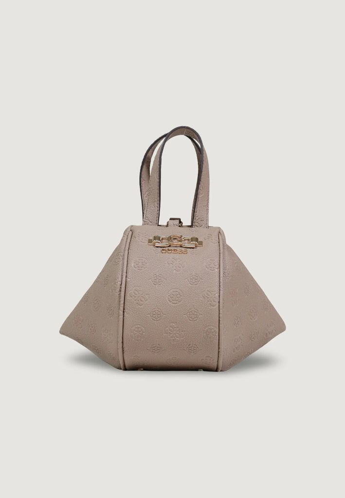 Beige handbag with a brand logo on a light gray background