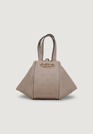 Beige handbag with a brand logo on a light gray background