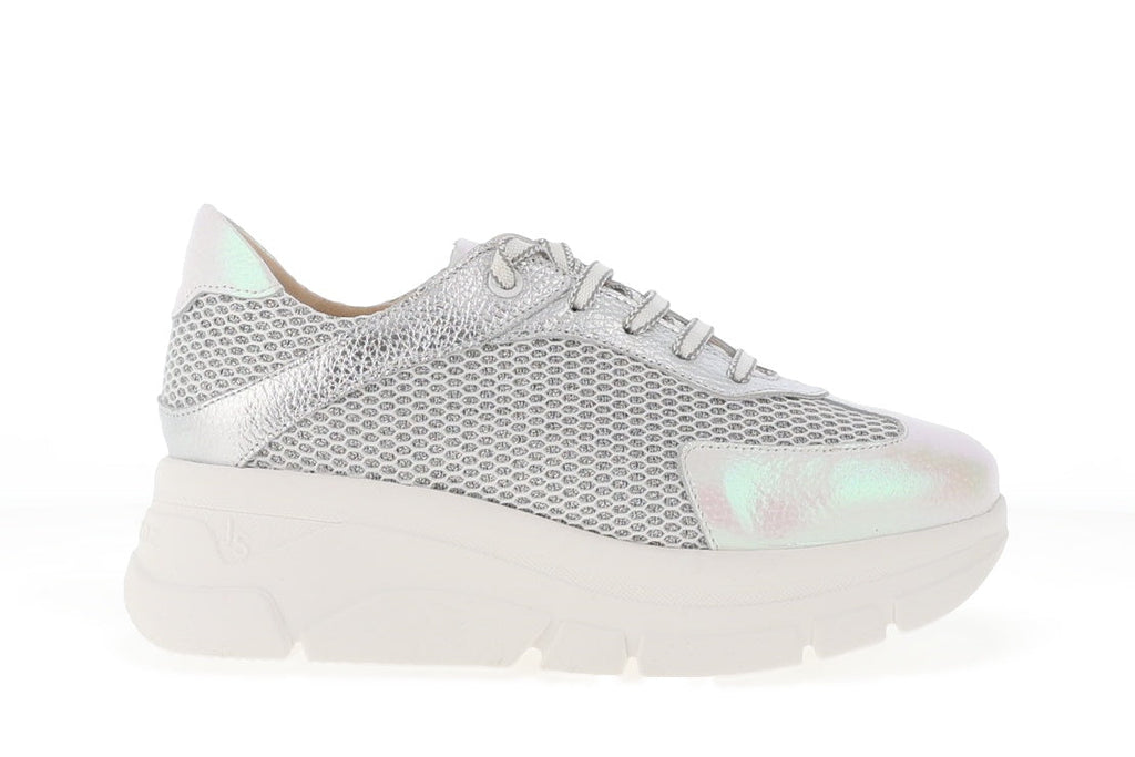 Silver sneaker with a white sole on a white background