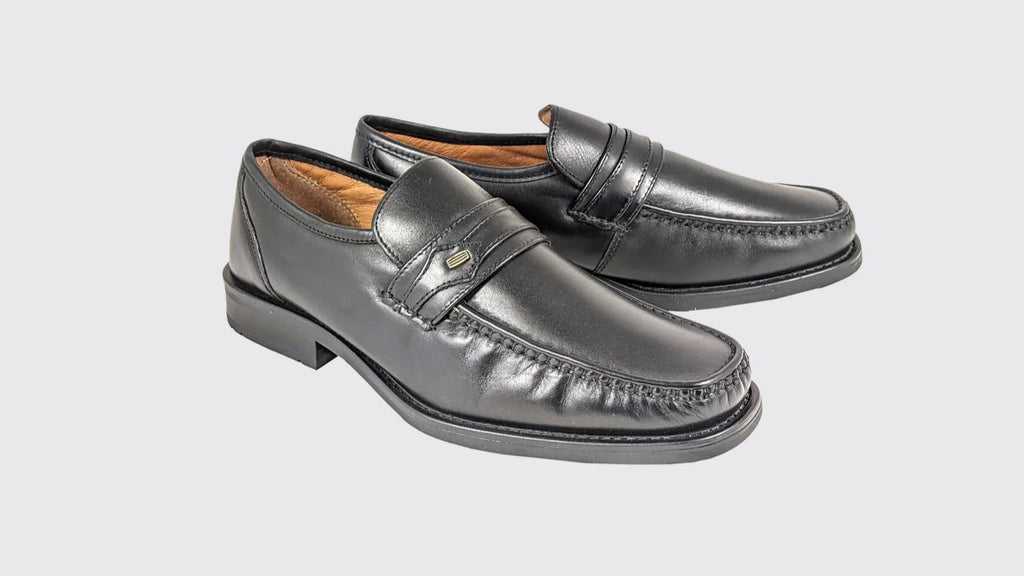 Pair of black loafers on a light gray background