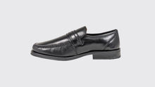 Load image into Gallery viewer, Black leather loafers on a light gray background
