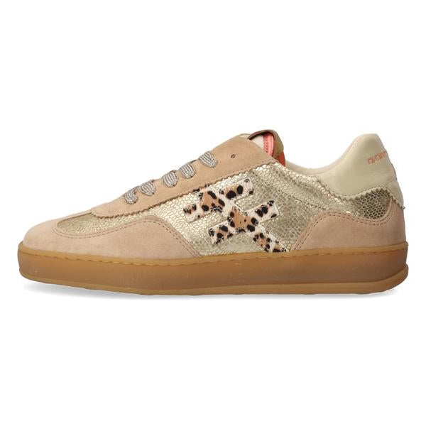 Beige sneaker with leopard print accents on a white background