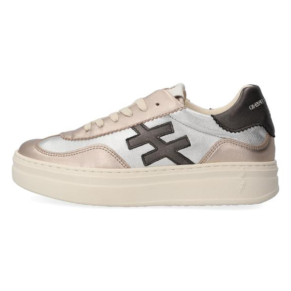 Beige and brown sneaker with a black logo on a white background