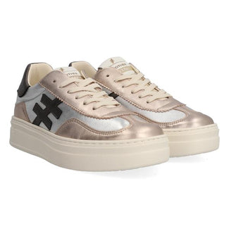 Beige and brown sneaker with a black logo on a white background