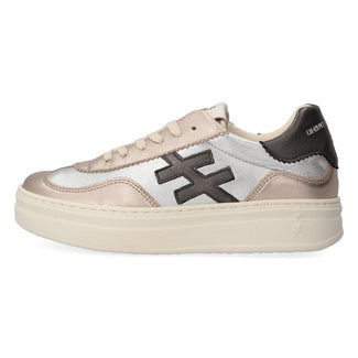 Beige and brown sneaker with a black logo on a white background