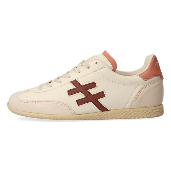 Beige sneaker with brown accents on a white background