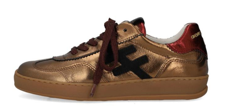 another trend Bronze sneaker with black logo and red interior on a white background