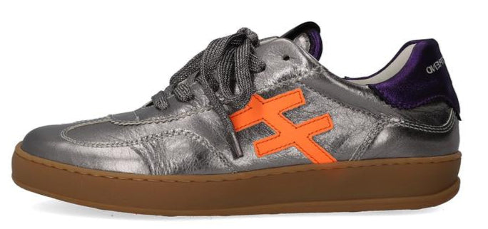 another trend Silver sneaker with orange logo and brown sole on a white background