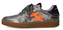 Load image into Gallery viewer, another trend Silver sneaker with orange logo and brown sole on a white background
