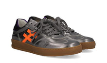 Load image into Gallery viewer, Gray sneakers with orange cross design on a white background
