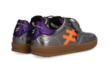Load image into Gallery viewer, Gray sneakers with purple accents and orange logo on a white background
