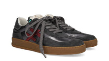 Load image into Gallery viewer, Pair of grey sneakers with a red logo on a white background
