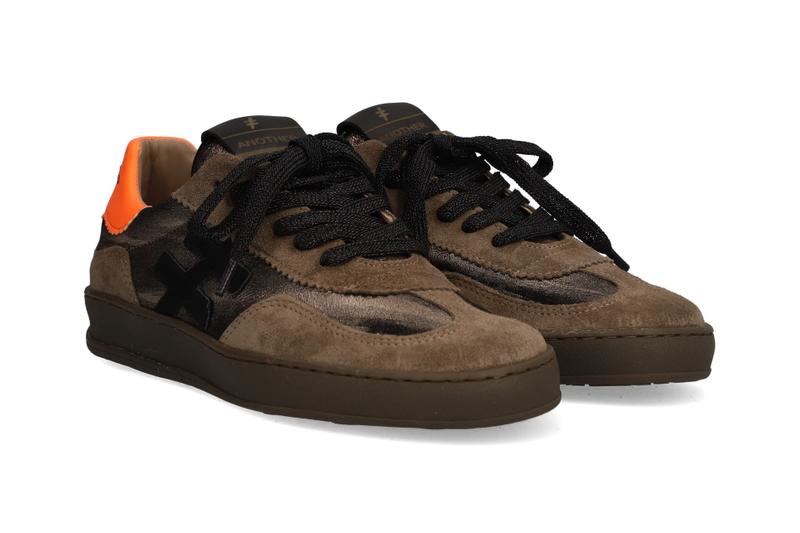 Pair of brown suede sneakers with black laces on a white background