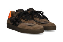 Load image into Gallery viewer, Pair of brown suede sneakers with black laces on a white background

