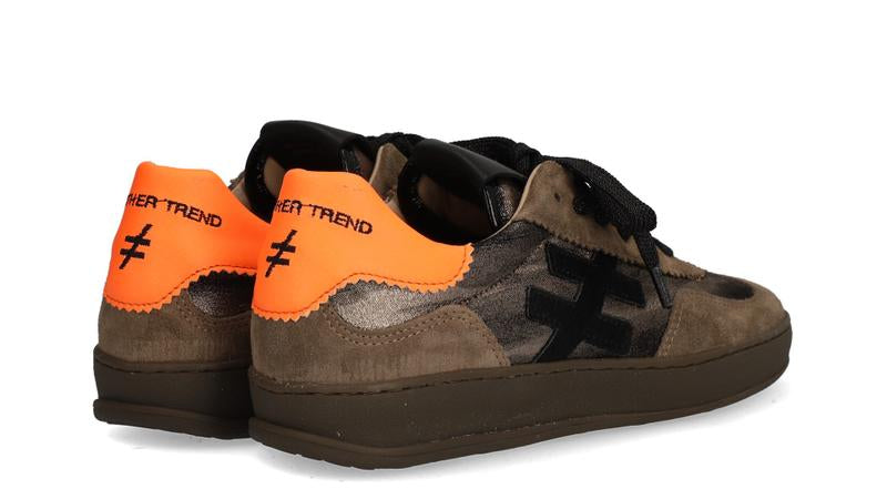 another trend sneakers with orange accents and black laces on a white background