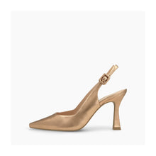 Load image into Gallery viewer, Bronze high-heeled shoe with a slingback design on a white background
