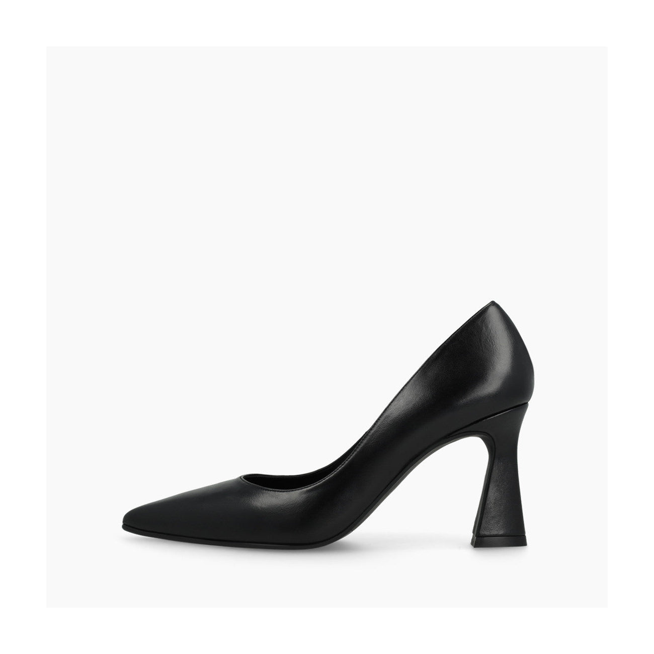 A single black leather pump with a pointed toe and a sculptural, flared block heel, shown in profile against a light gray background.