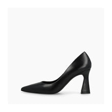 Load image into Gallery viewer, A single black leather pump with a pointed toe and a sculptural, flared block heel, shown in profile against a light gray background.
