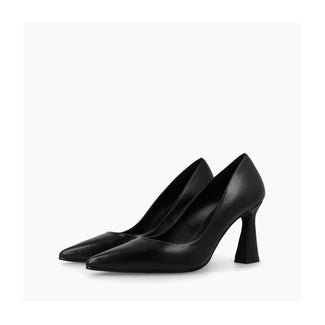 A single black leather pump with a pointed toe and a sculptural, flared block heel, shown in profile against a light gray background.