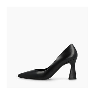 A single black leather pump with a pointed toe and a sculptural, flared block heel, shown in profile against a light gray background.