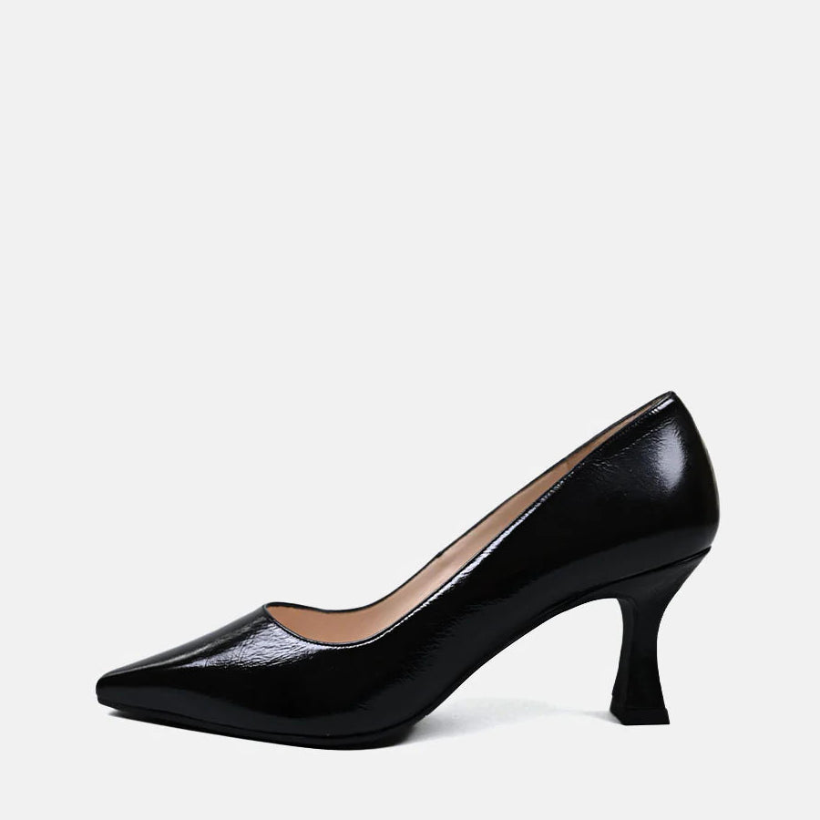 A single black patent leather pump with a pointed toe and kitten heel, shown from a side profile on a light gray background.