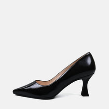 Load image into Gallery viewer, A single black patent leather pump with a pointed toe and kitten heel, shown from a side profile on a light gray background.
