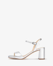 Load image into Gallery viewer, Silver high-heeled sandal on a white background
