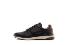 Load image into Gallery viewer, Black leather sneaker with brown accents on a white background
