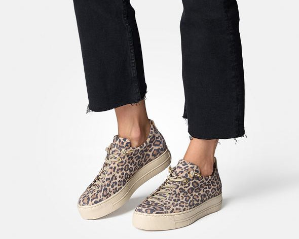Leopard print sneakers worn with black pants on a white background