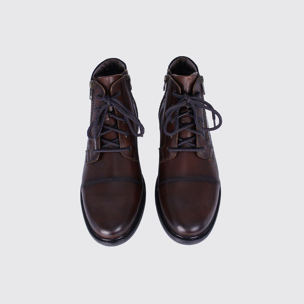 A pair of dark brown leather lace-up ankle boots shown from a top-down view on a light gray background.