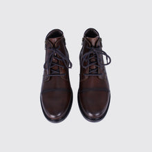 Load image into Gallery viewer, A pair of dark brown leather lace-up ankle boots shown from a top-down view on a light gray background.
