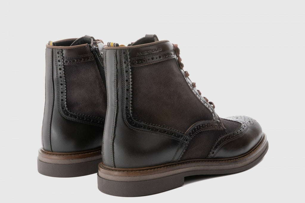 Pair of brown leather boots on a light gray background