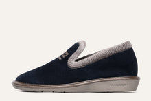 Load image into Gallery viewer, Navy slip-on shoe with gray lining on a white background

