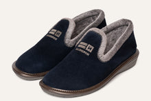Load image into Gallery viewer, Pair of navy blue slippers with gray interior on a white background

