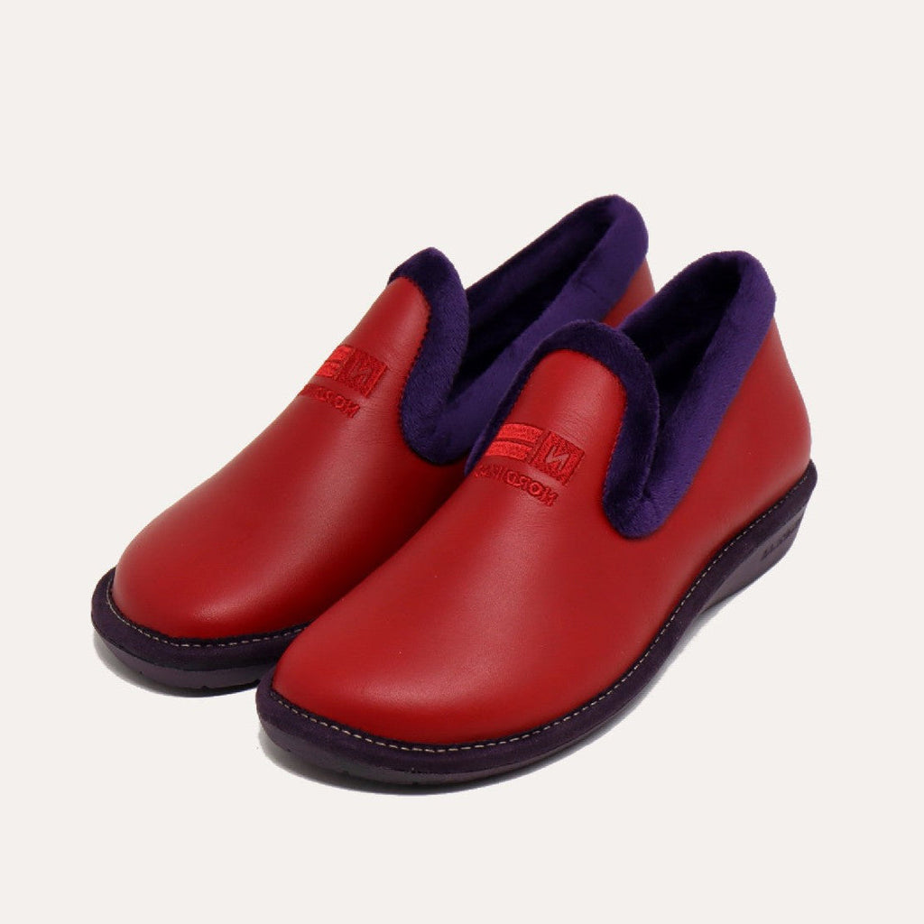 Red shoes with purple trim on a white background
