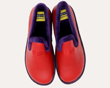 Load image into Gallery viewer, Red shoes with purple soles on a white background
