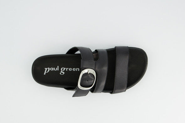 Black sandal with 'Paul Green' branding on a white background