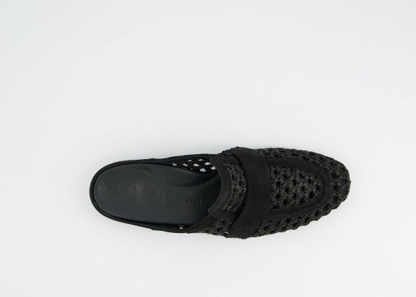 Black sandal with open-toe design on a white background