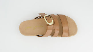 Tan sandal with a gold buckle on a white background