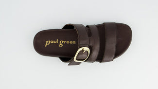 Brown sandal with a gold buckle on a white background