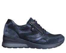 Load image into Gallery viewer, Navy blue sneaker with a zipper on a white background
