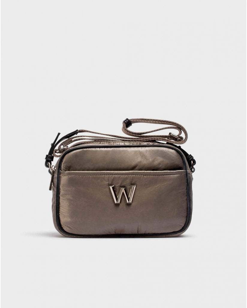 Brown crossbody bag with a logo on a light gray background