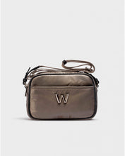 Load image into Gallery viewer, Brown crossbody bag with a logo on a light gray background
