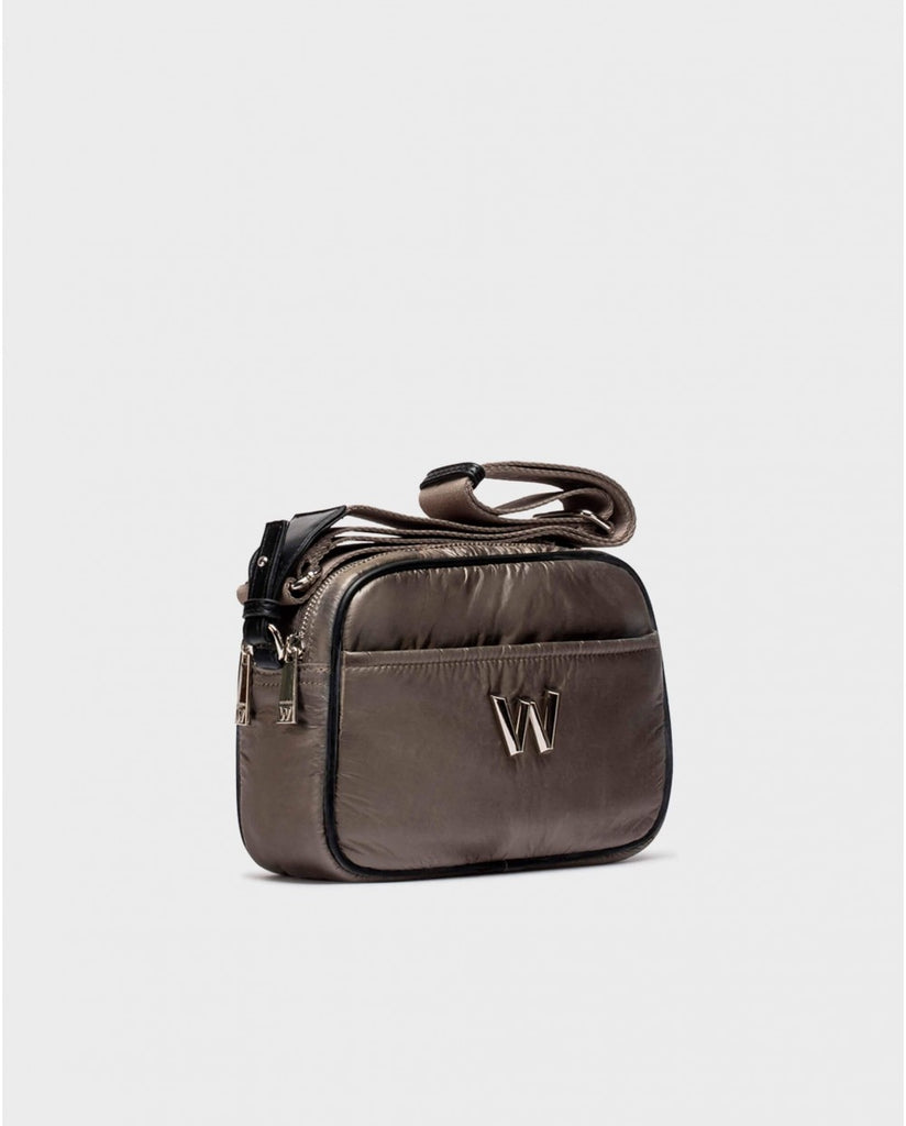 Brown handbag with a visible brand logo on a light gray background