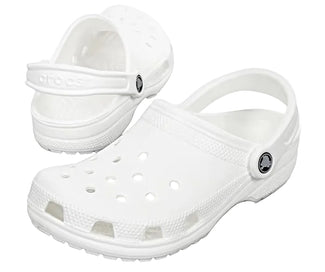 White clog shoe with a brand logo on a white background
