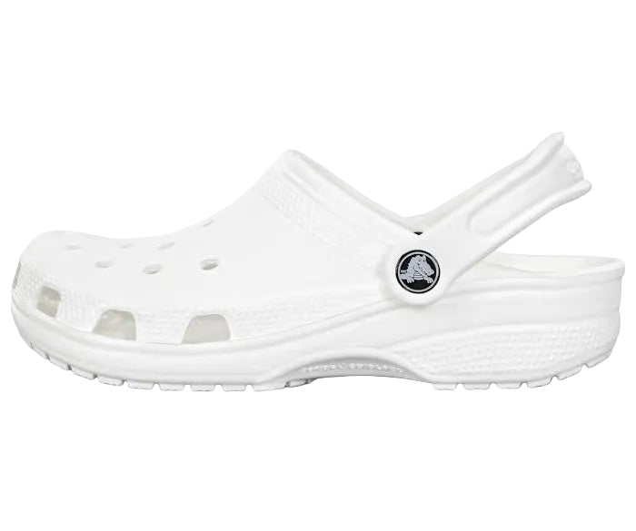 White clog shoe with a brand logo on a white background