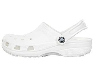 White clog shoe with a brand logo on a white background