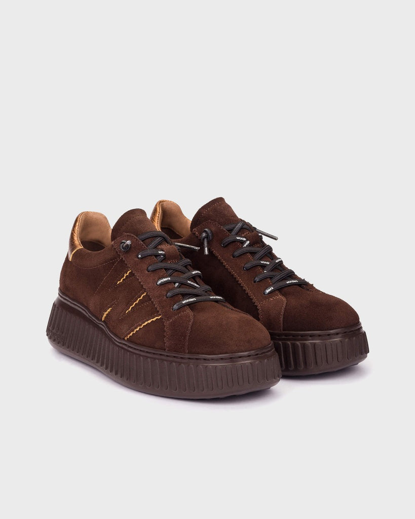 Wonders Brown Suede & Gold Platform Trainers, front three-quarter view.