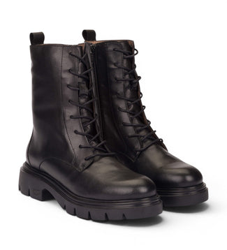 A single black leather lace-up ankle boot with a chunky lug sole, shown from a side profile view against a plain white background.
