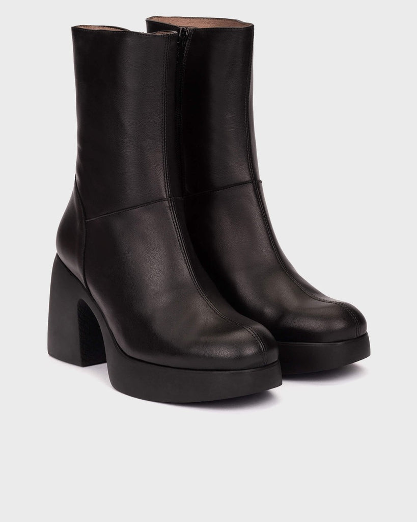 Wonders Black Leather Platform Ankle Boots, front three-quarter view.